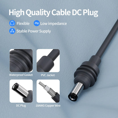 Cable construction detail: 18AWG copper, PVC jacket, waterproof gasket, DC barrel plug