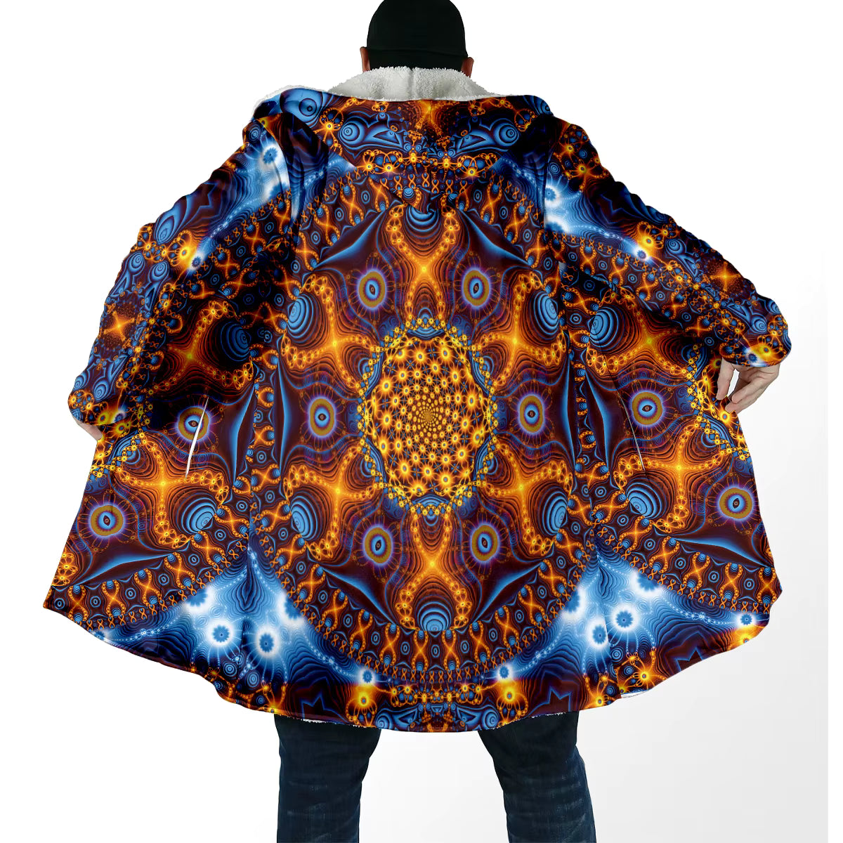 Psychedelic Mandala Hooded Cloak – Men’s Winter Fleece Cape Coat