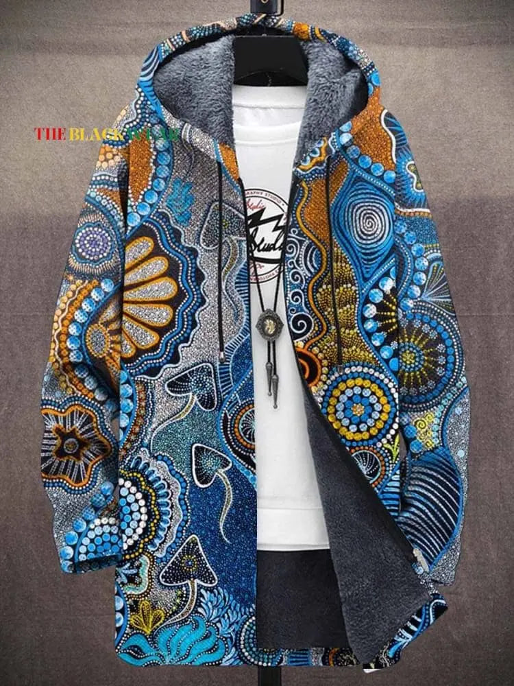 Unisex Azure Bloom vintage floral mandala print hooded cardigan coat