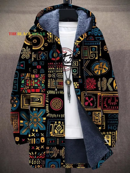 Unisex Midnight Glyph vintage geometric print hooded cardigan coat