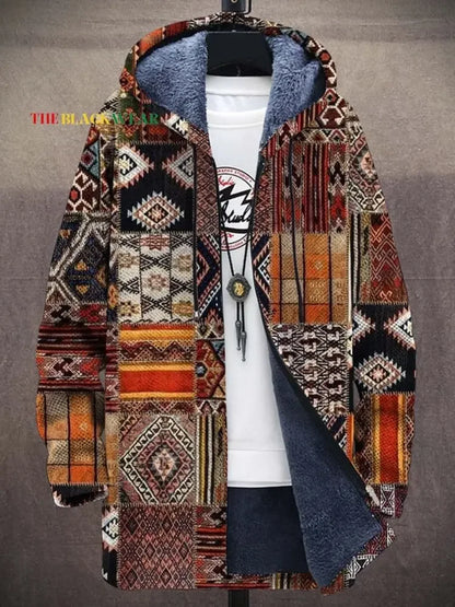 Unisex Sunset Patchwork vintage patchwork print hooded cardigan coat