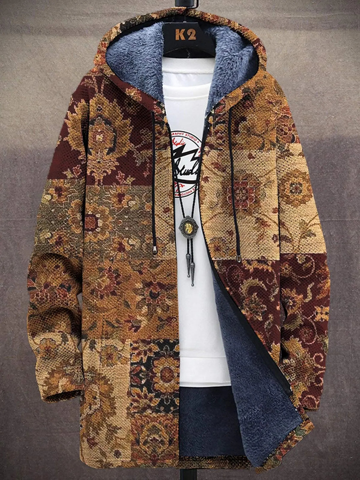 Unisex Mocha Tapestry vintage tapestry patchwork hooded cardigan coat
