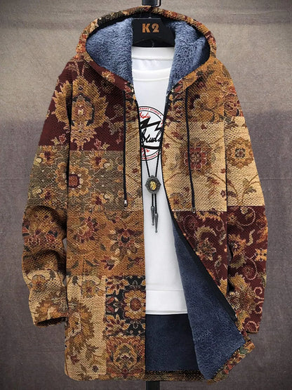 Unisex Mocha Tapestry vintage tapestry patchwork hooded cardigan coat