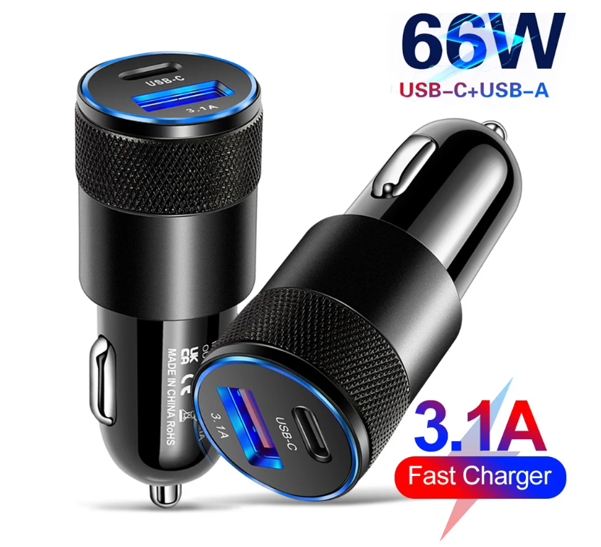 66W USB Car Charger Type C Fast Charging Phone Adapter