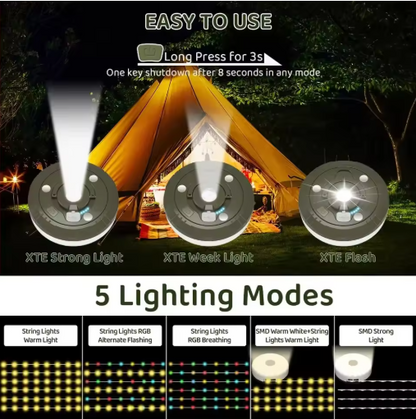 Rechargeable Camping String Lights – 10m LED Tent Light with Flashlight & Hook | 4-in-1 Waterproof Outdoor Lantern (Warm White / Warm White + RGB)
