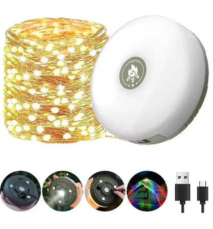 Rechargeable Camping String Lights – 10m LED Tent Light with Flashlight & Hook | 4-in-1 Waterproof Outdoor Lantern (Warm White / Warm White + RGB)