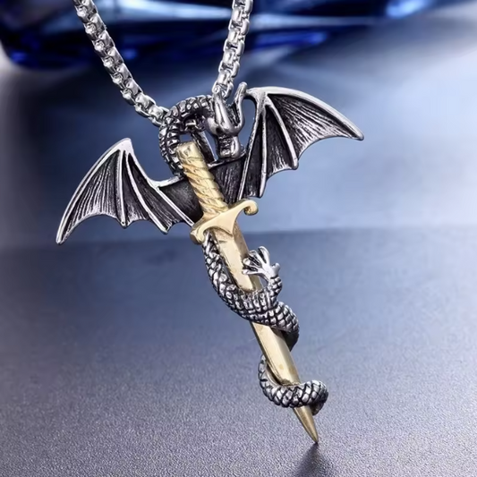 Retro Viking Pterodactyl Holy Sword Shape Pendant Necklace Men's Necklace Metal Sliding Dragon Necklace Accessories Party Jewelry