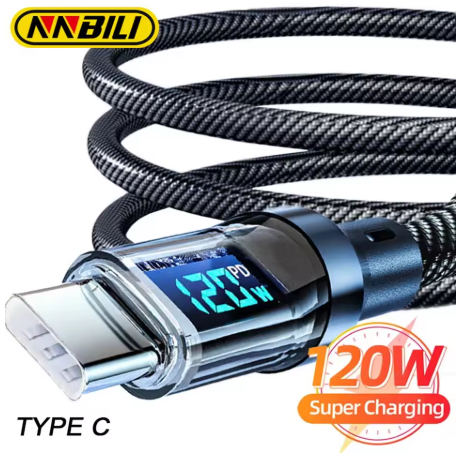 NNBILI 120W Type-C to Type-C Fast Charging Cable with LED Display – Super Fast USB-C Charger Cord for Huawei, OPPO, Vivo