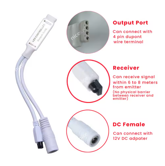 DC12V RGB LED Controller with 24-Key IR Remote – Wireless 4-Pin RGB Dimmer for 5050 LED Strip Lights