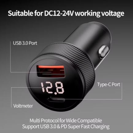 3M Dual USB Car Charger for Starlink Mini – 12V-24V Waterproof Cigarette Lighter Adapter with DC Cable & Digital Voltmeter