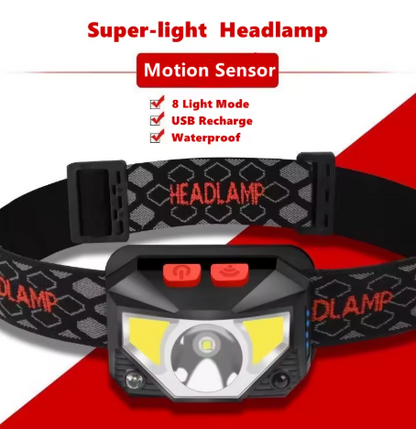 8-Mode LED Headlamp with Motion Sensor – Hands-Free COB Flashlight Torch for Camping & Fishing