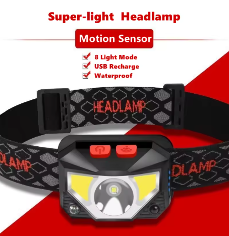 8-Mode LED Headlamp with Motion Sensor – Hands-Free COB Flashlight Torch for Camping & Fishing