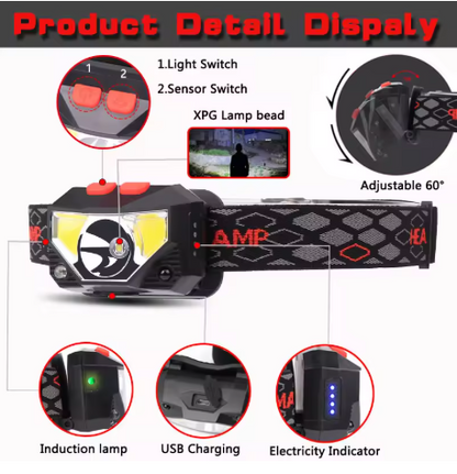 8-Mode LED Headlamp with Motion Sensor – Hands-Free COB Flashlight Torch for Camping & Fishing