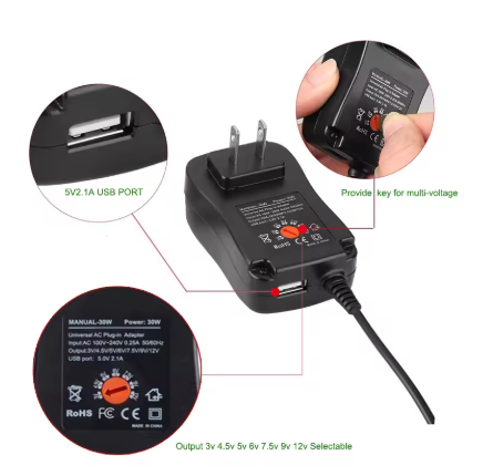 Universal Adjustable AC/DC Power Adapter (3V–12V, 2A/2.5A) with AU Plug & USB Charger Output