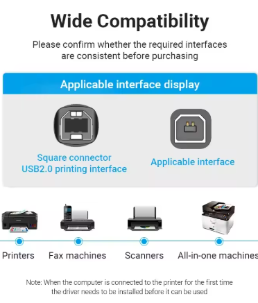 Vention USB 2.0 Printer Cable – USB Type B to USB A Cable for Canon, Epson, HP & ZJiang Label Printers