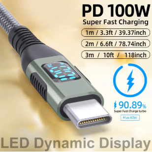 100W USB-C to USB-C Fast Charging Cable PD 5A Nylon Braided LED Display Charger Cord for iPhone 16/15, MacBook & iPad