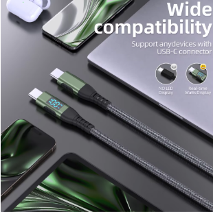 100W USB-C to USB-C Fast Charging Cable PD 5A Nylon Braided LED Display Charger Cord for iPhone 16/15, MacBook & iPad