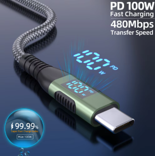 100W USB-C to USB-C Fast Charging Cable PD 5A Nylon Braided LED Display Charger Cord for iPhone 16/15, MacBook & iPad
