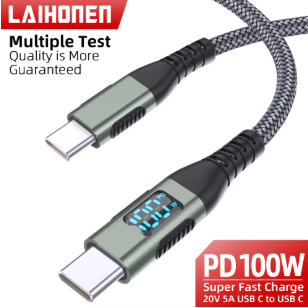 100W USB-C to USB-C Fast Charging Cable PD 5A Nylon Braided LED Display Charger Cord for iPhone 16/15, MacBook & iPad
