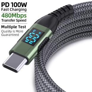 100W USB-C to USB-C Fast Charging Cable PD 5A Nylon Braided LED Display Charger Cord for iPhone 16/15, MacBook & iPad