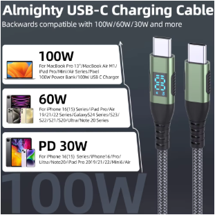 100W USB-C to USB-C Fast Charging Cable PD 5A Nylon Braided LED Display Charger Cord for iPhone 16/15, MacBook & iPad