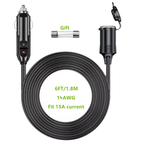 12V/24V Car Cigarette Lighter Extension Cable 6FT 14AWG Heavy Duty with 15A/20A Fuse – Female Socket Charger Cord
