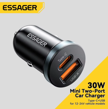 ESSAGER 30W Super Fast Car Charger USB-C PD & QC 4.0 – Dual Port Type C Car Charger for iPhone Samsung Xiaomi