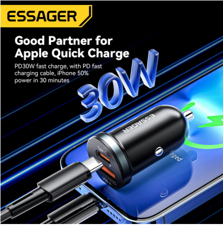 ESSAGER 30W Super Fast Car Charger USB-C PD & QC 4.0 – Dual Port Type C Car Charger for iPhone Samsung Xiaomi