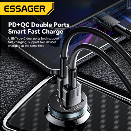 ESSAGER 30W Super Fast Car Charger USB-C PD & QC 4.0 – Dual Port Type C Car Charger for iPhone Samsung Xiaomi