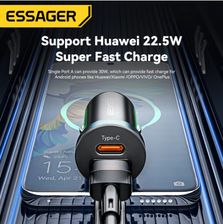 ESSAGER 30W Super Fast Car Charger USB-C PD & QC 4.0 – Dual Port Type C Car Charger for iPhone Samsung Xiaomi