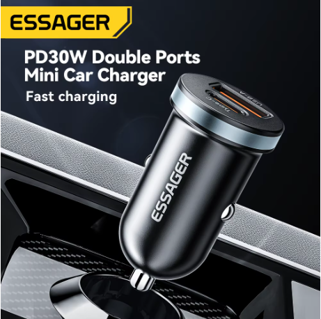 ESSAGER 30W Super Fast Car Charger USB-C PD & QC 4.0 – Dual Port Type C Car Charger for iPhone Samsung Xiaomi