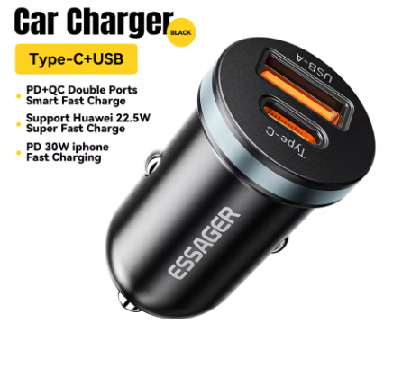 ESSAGER 30W Super Fast Car Charger USB-C PD & QC 4.0 – Dual Port Type C Car Charger for iPhone Samsung Xiaomi