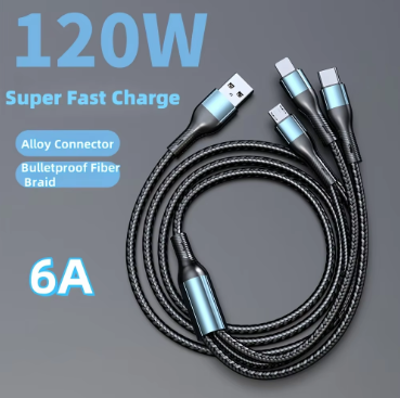 120W 3-in-1 Fast Charging Cable – USB-C, Lightning & Micro USB Charger Cord for iPhone, Samsung, Xiaomi & Huawei