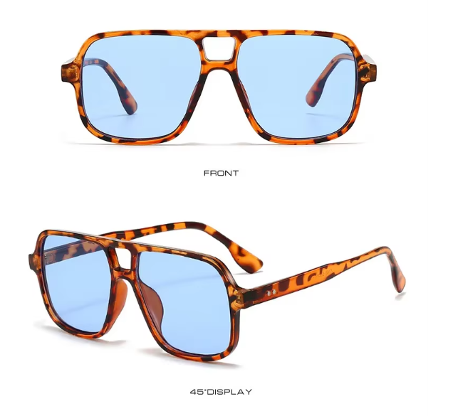 Retro Double Bridge Square Sunglasses – Leopard Frame Blue Lens UV400 Rivet Candy Colour Shades