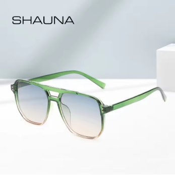 Retro Double Bridge Square Sunglasses – Clear Green Frame Blue Gradient UV400 Shades