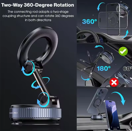 Magnetic Car Phone Holder – 360° Rotating Vacuum Suction Mount