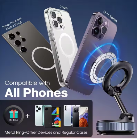 Magnetic Car Phone Holder – 360° Rotating Vacuum Suction Mount