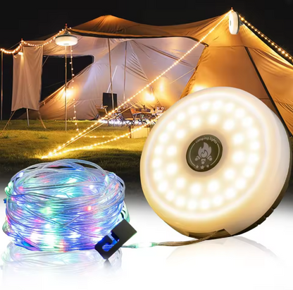 Rechargeable Camping String Lights – 10m LED Tent Light with Flashlight & Hook | 4-in-1 Waterproof Outdoor Lantern (Warm White / Warm White + RGB)
