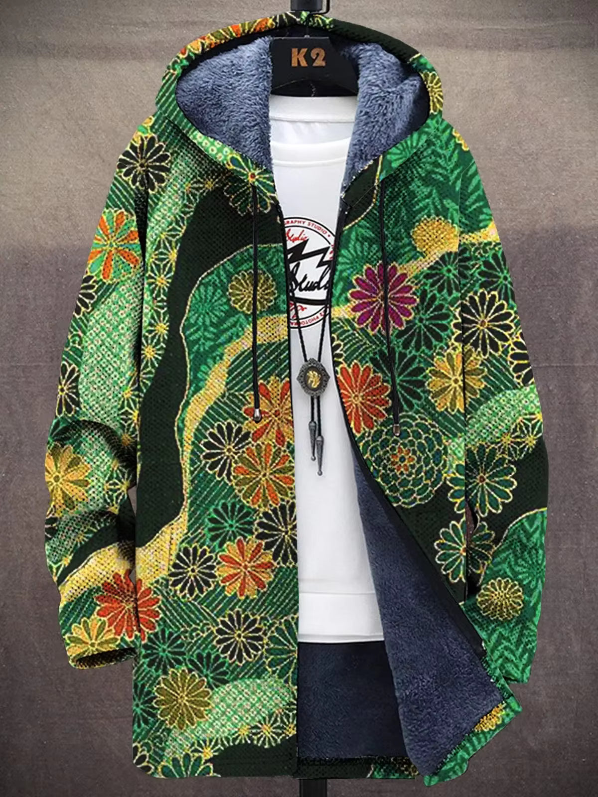 Unisex Psychedelic Print Hooded Cardigan Coat – Long Thick Warm Zip-Up Festival Jacket | 9 Styles