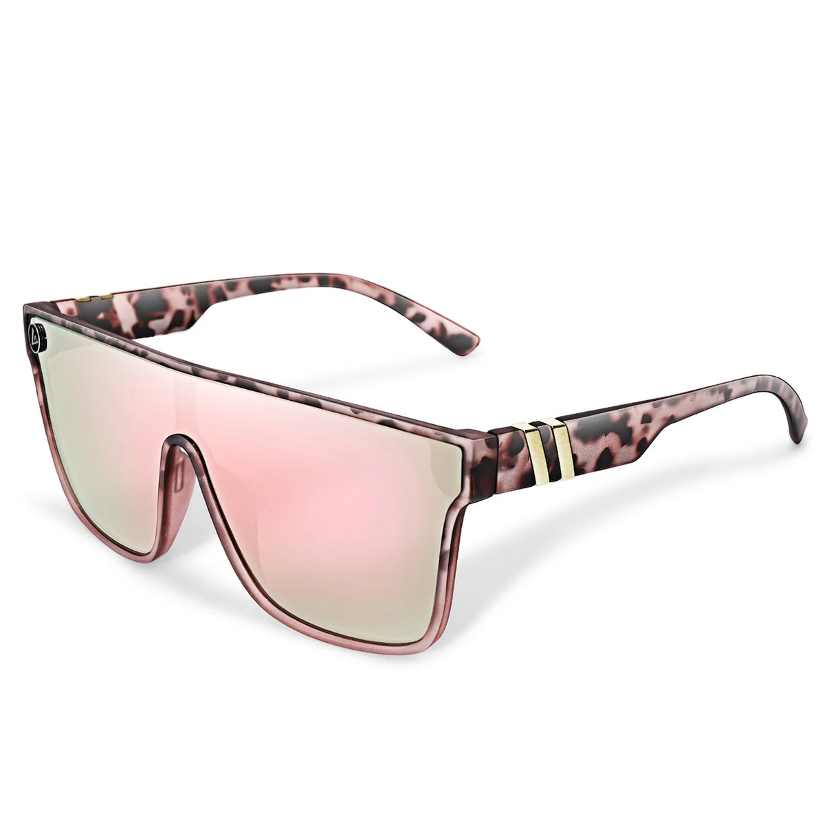 Flat top shield sunglasses with pink mirrored lens and tortoiseshell frame