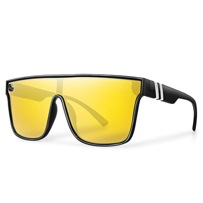 Flat top shield sunglasses with yellow lens and black frame