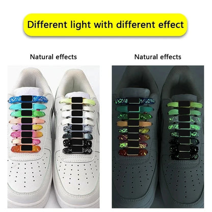 Glow shoelaces shown in daylight and glowing in the dark