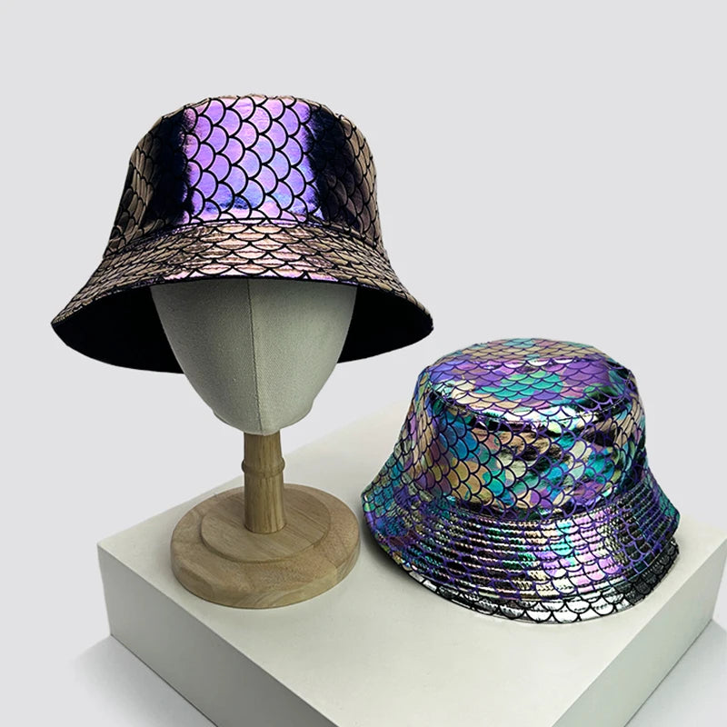 Holographic mermaid scale bucket hats in purple and blue
