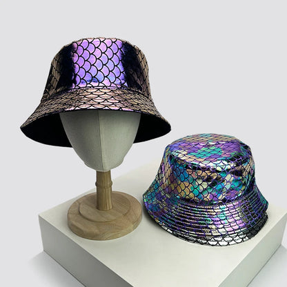 Holographic mermaid scale bucket hats in purple and blue