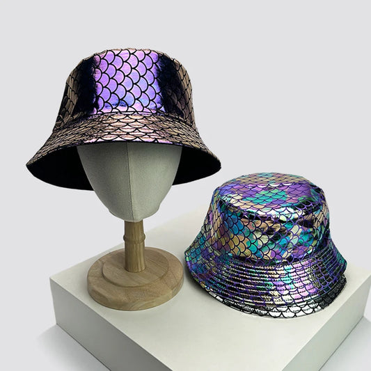 Holographic mermaid scale bucket hats in purple and blue