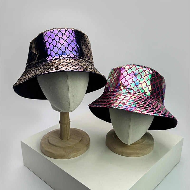 Metallic festival bucket hats on display