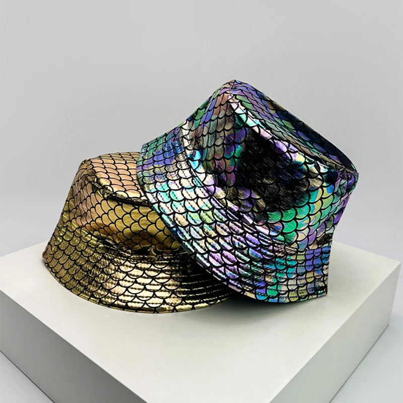 Gold and aurora holographic bucket hats