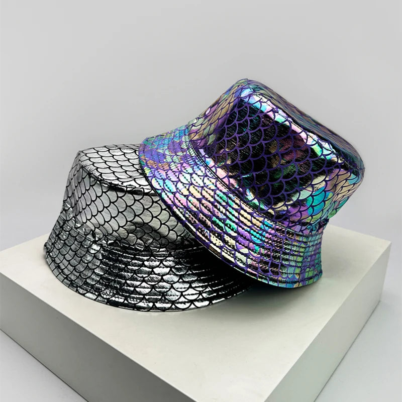 Silver and blue holographic bucket hats
