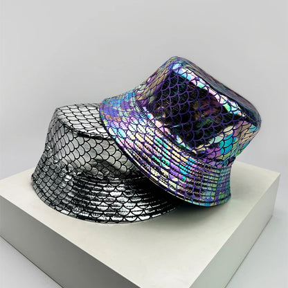Silver and blue holographic bucket hats