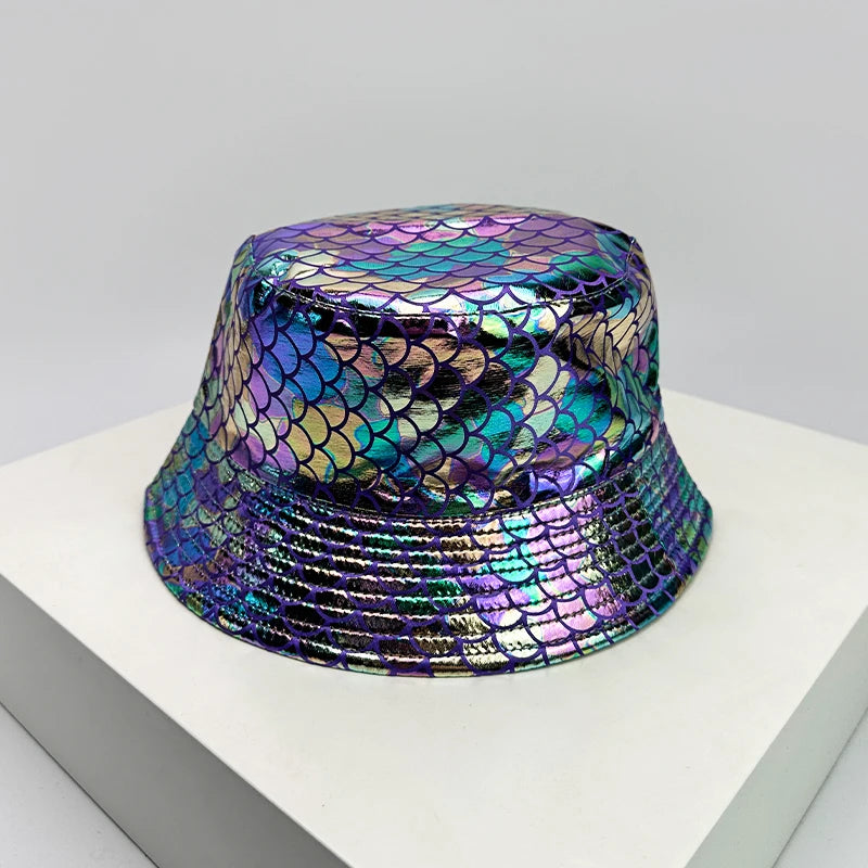 Aurora Blue blue and green holographic mermaid scale bucket hat